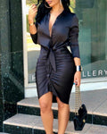 Lilia | Long-sleeved midi shirt dress with a tie
