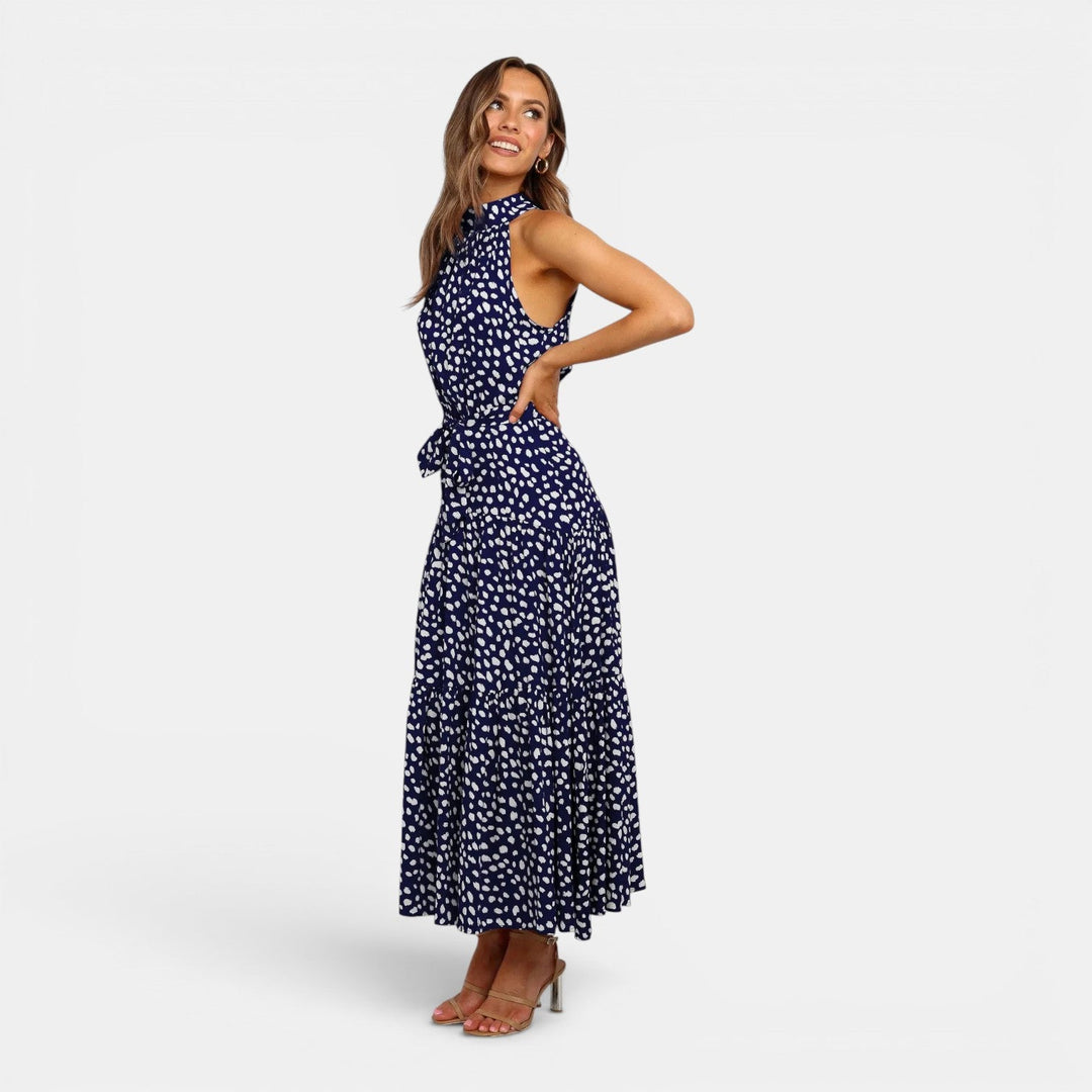 Alicja | Granatowa Sukienka Maxi w Groszki
