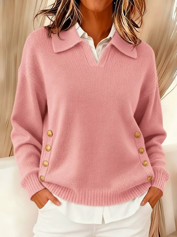 Damski sweter z kołnierzykiem w stylu polo i złotymi guzikami