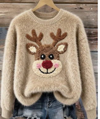 Damski świąteczny sweter z nadrukiem Mikołaja na modelce