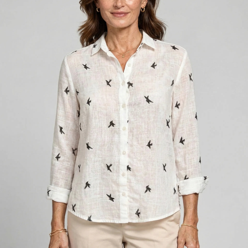 Birdella - Luźna Bluzka Z Nadrukiem W Ptaki