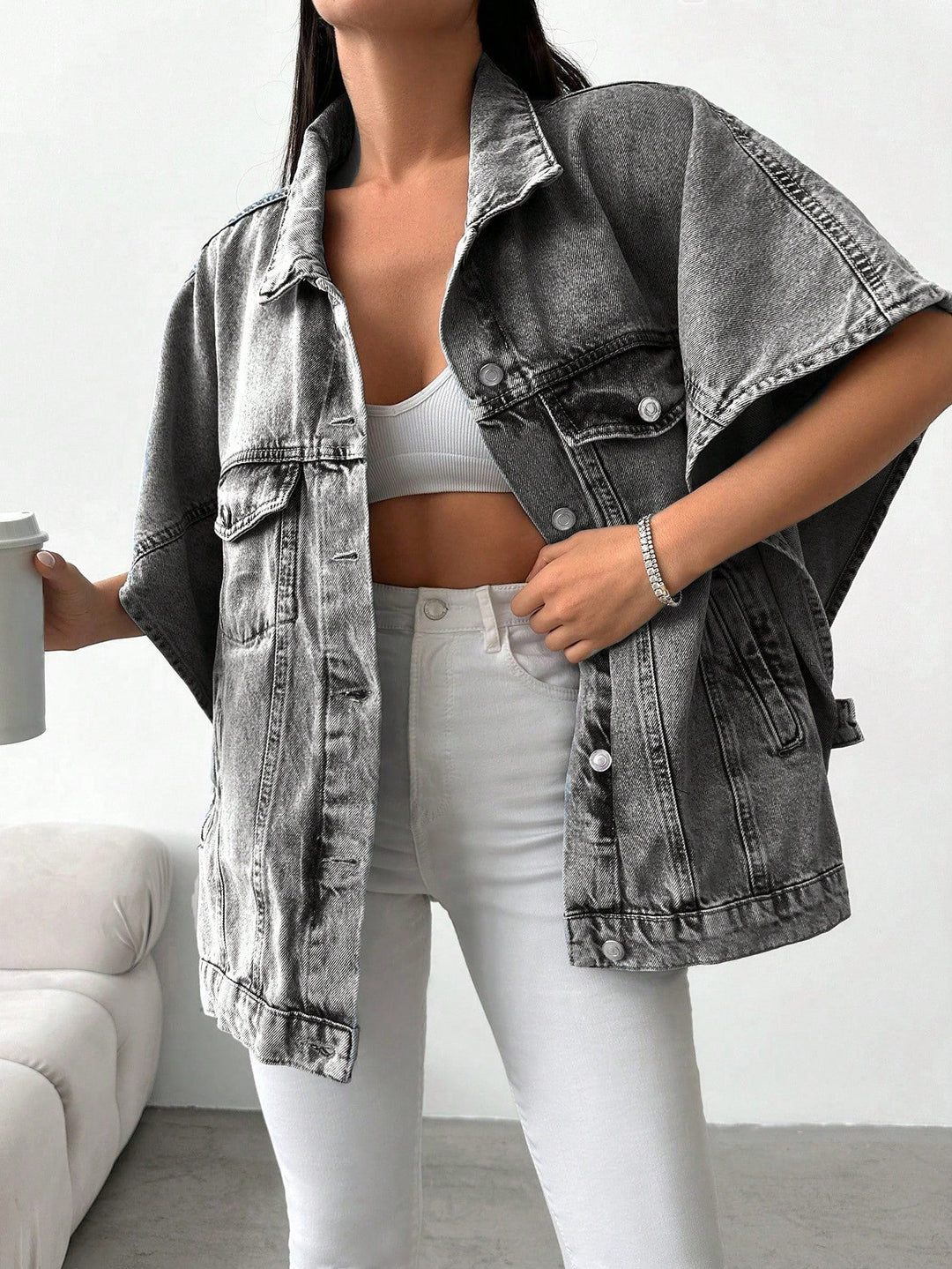 Vanessa | Jeansowa Kurtka Oversize z Krótkim Rękawem