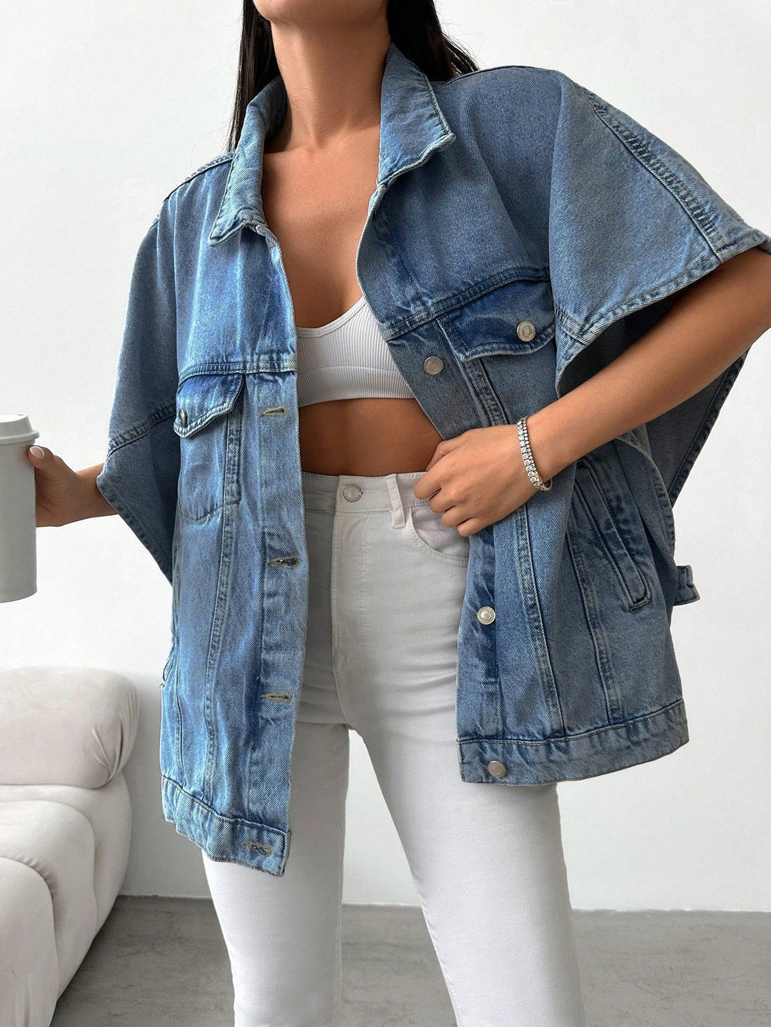 Vanessa | Jeansowa Kurtka Oversize z Krótkim Rękawem