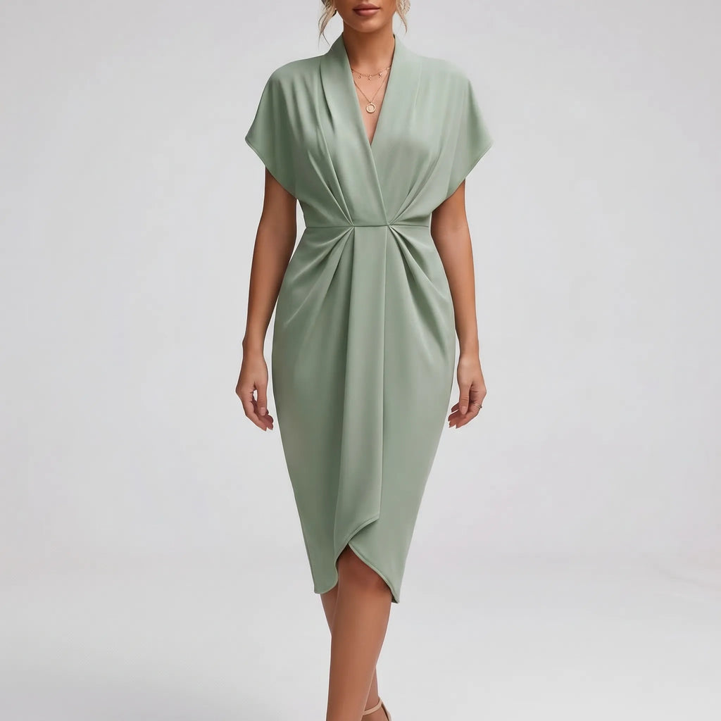 Dravelle - Draped Front Midi Dress With V-Neckline