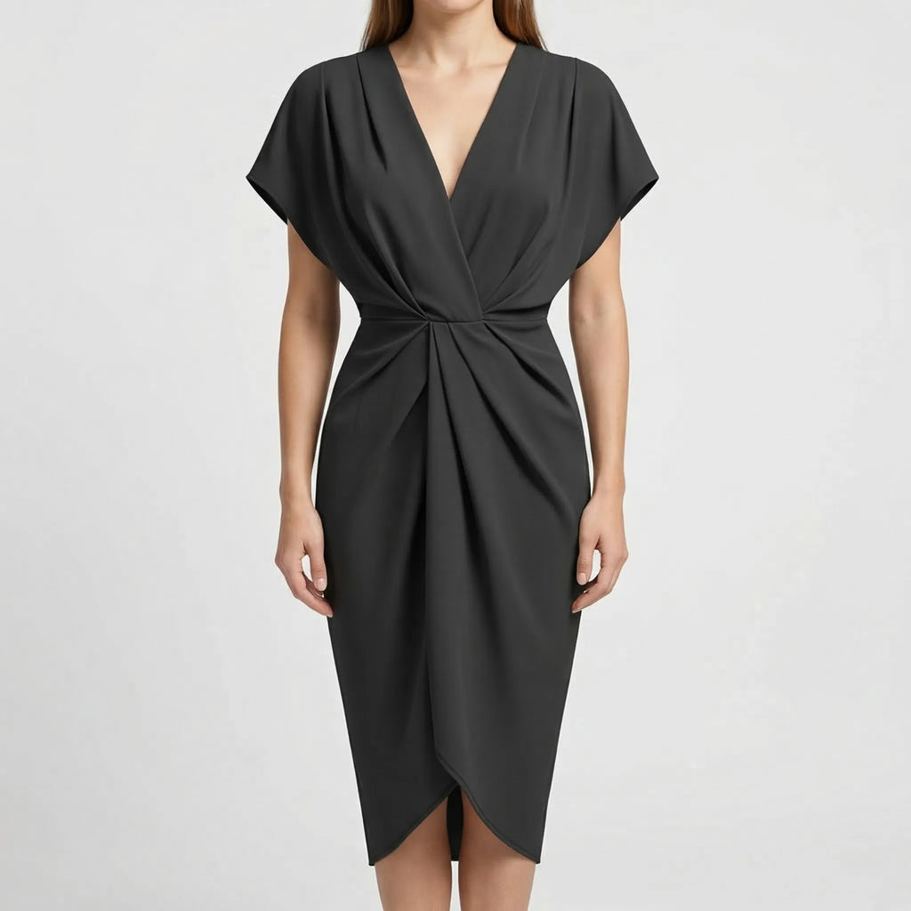 Dravelle - Draped Front Midi Dress With V-Neckline