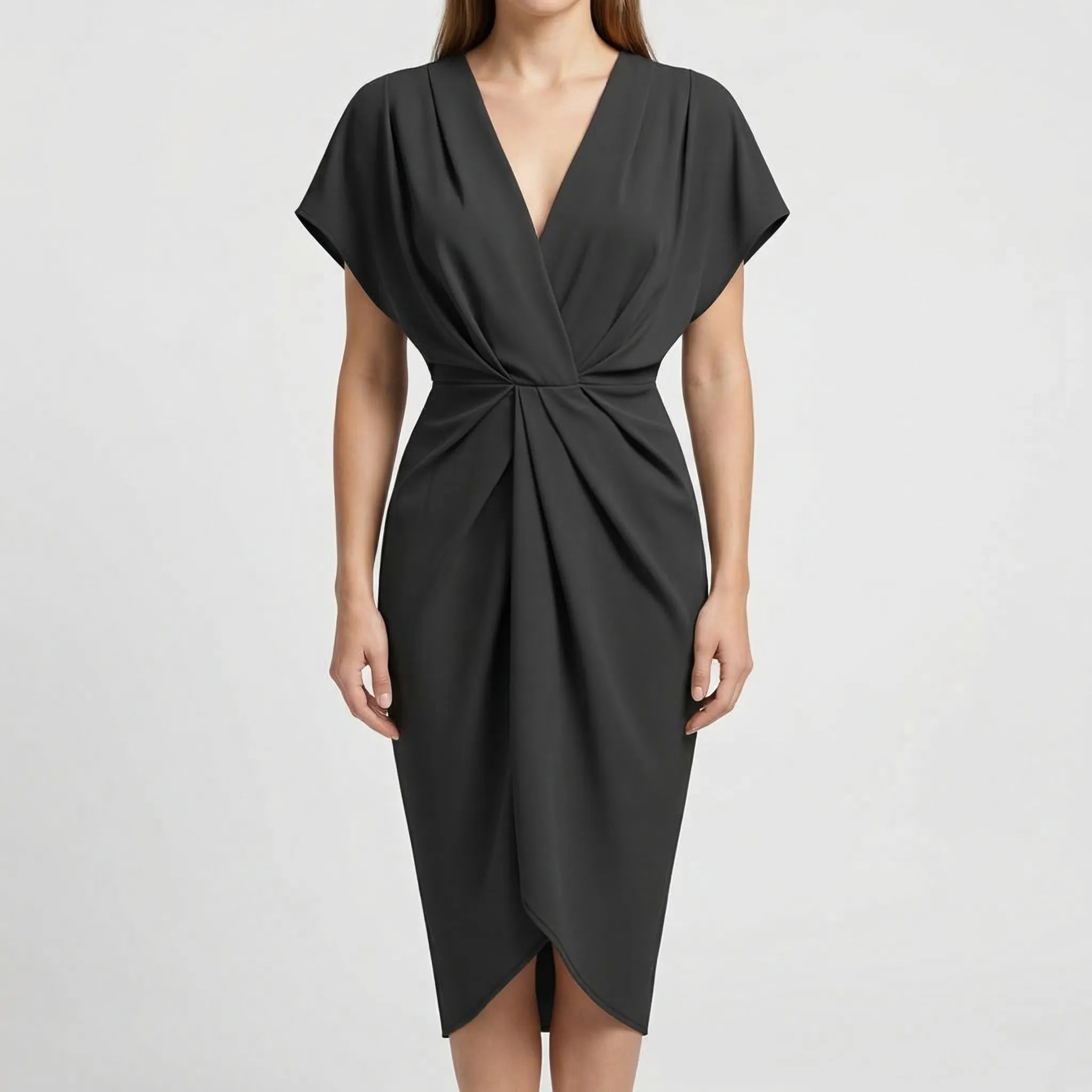 Dravelle - Draped Front Midi Dress With V-Neckline