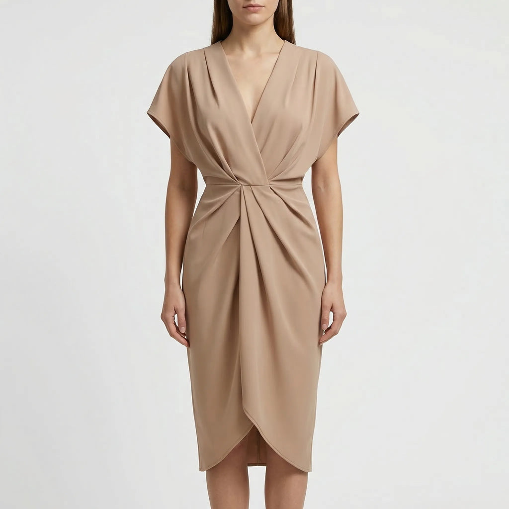 Dravelle - Draped Front Midi Dress With V-Neckline