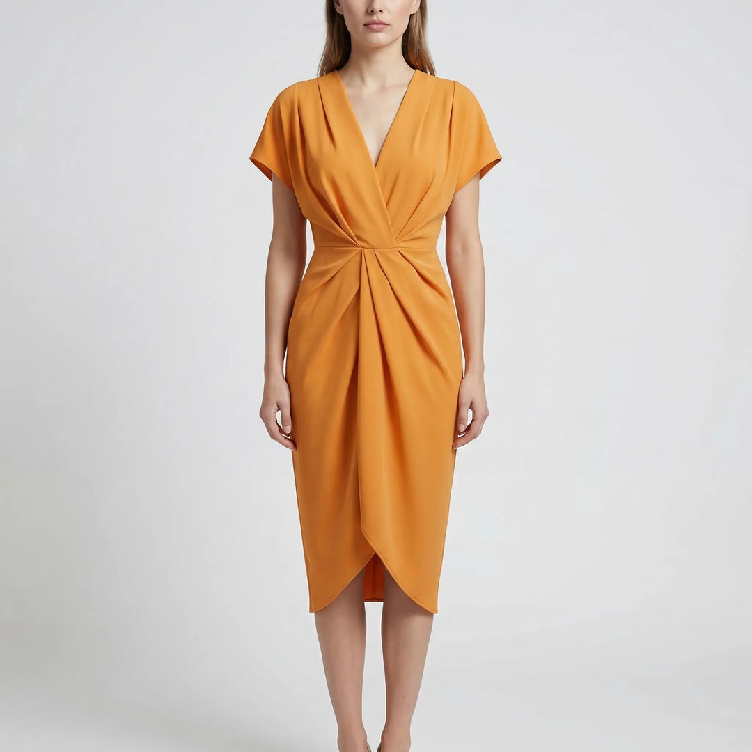Dravelle - Draped Front Midi Dress With V-Neckline