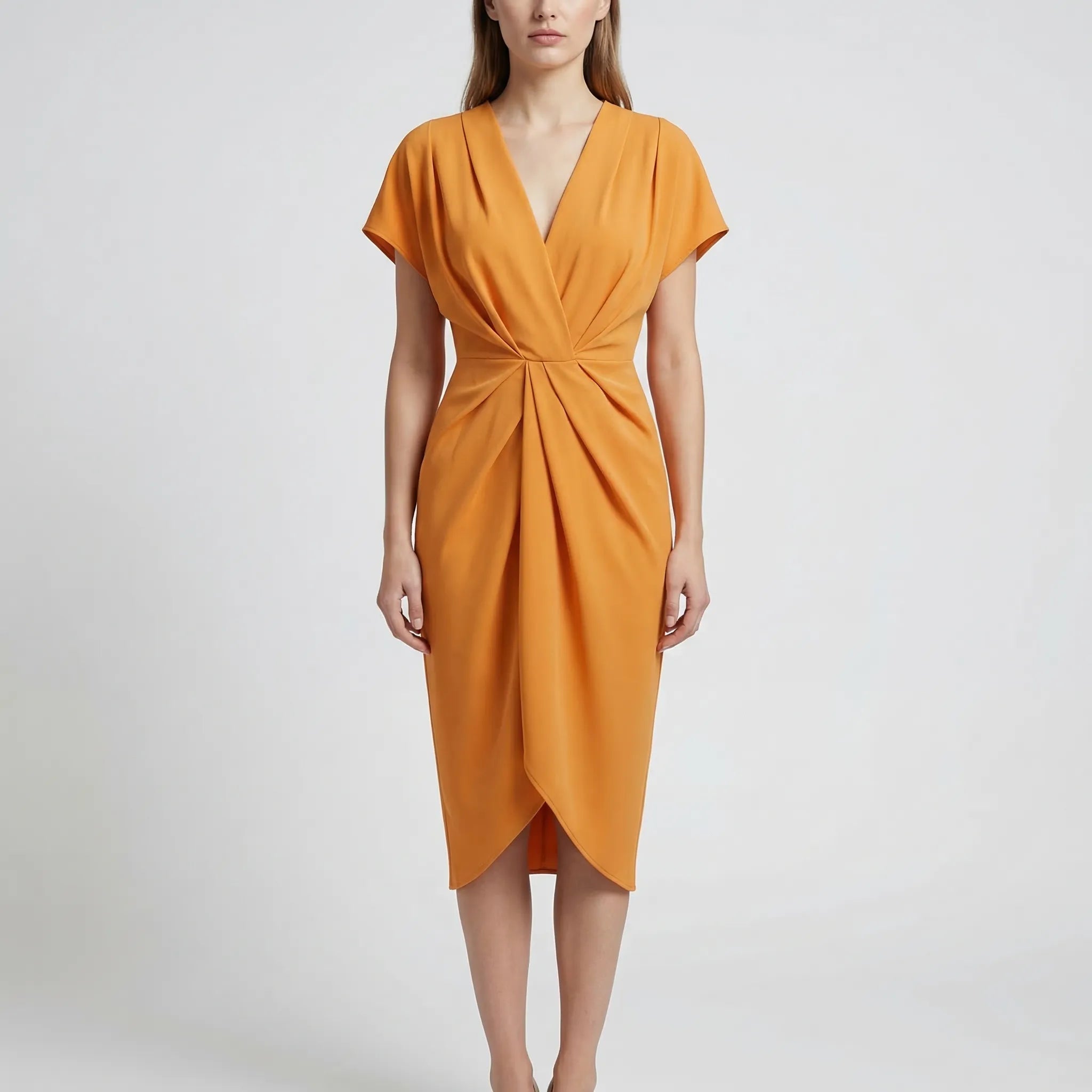 Dravelle - Draped Front Midi Dress With V-Neckline
