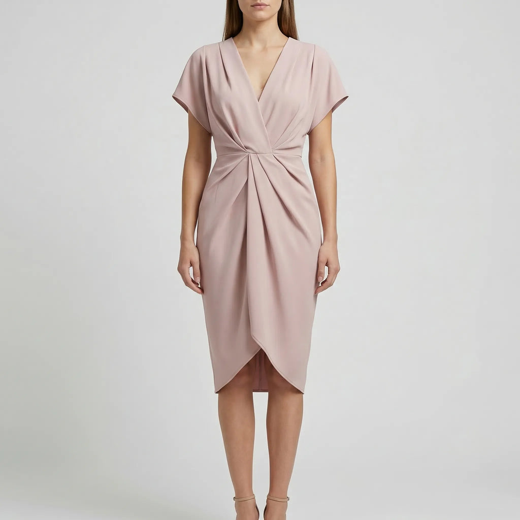 Dravelle - Draped Front Midi Dress With V-Neckline