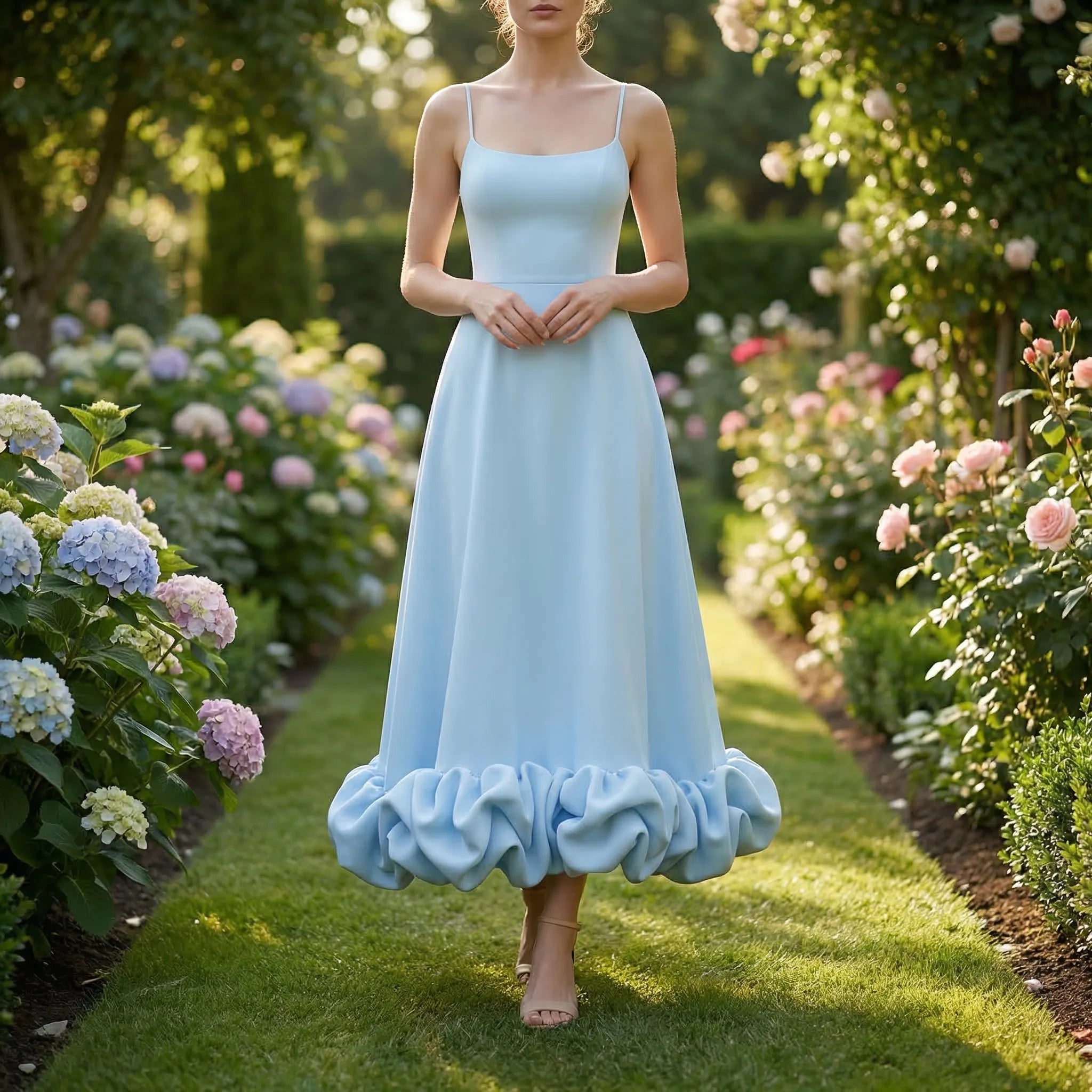 Fleurella - Full-Length Flared Spaghetti Strap Dress