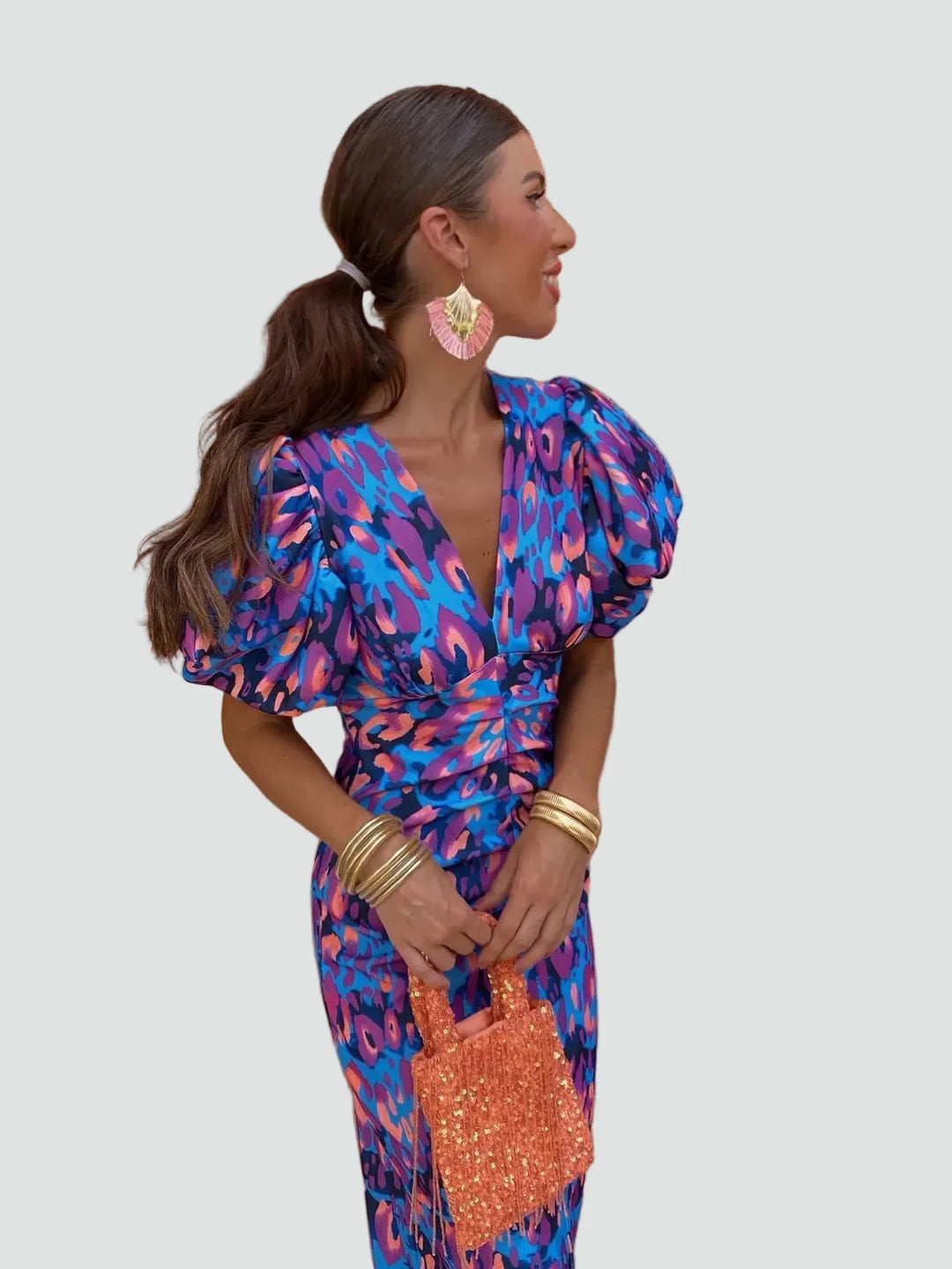Patrycja | Elegancka Sukienka Midi z Bufiastymi Rękawami