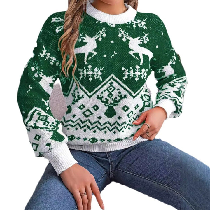 Damski sweter z jeleniem, lampionowy rękaw, świąteczny wzór
