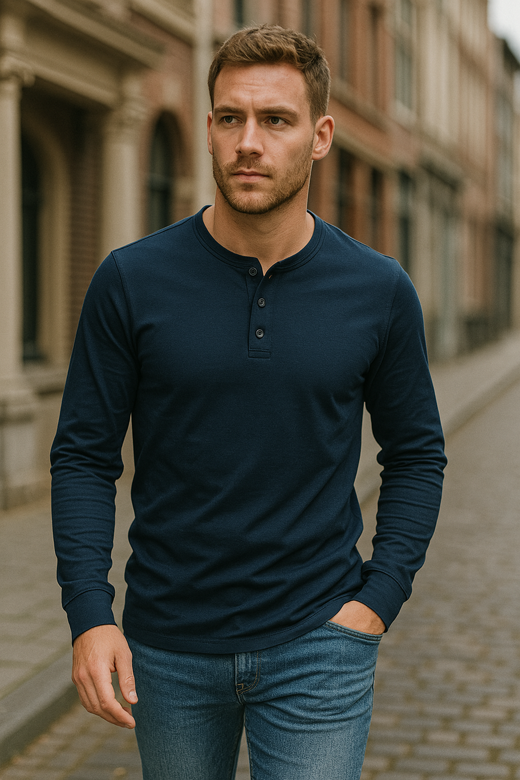 Dawid | Koszulka Męska Henley z Długim Rękawem