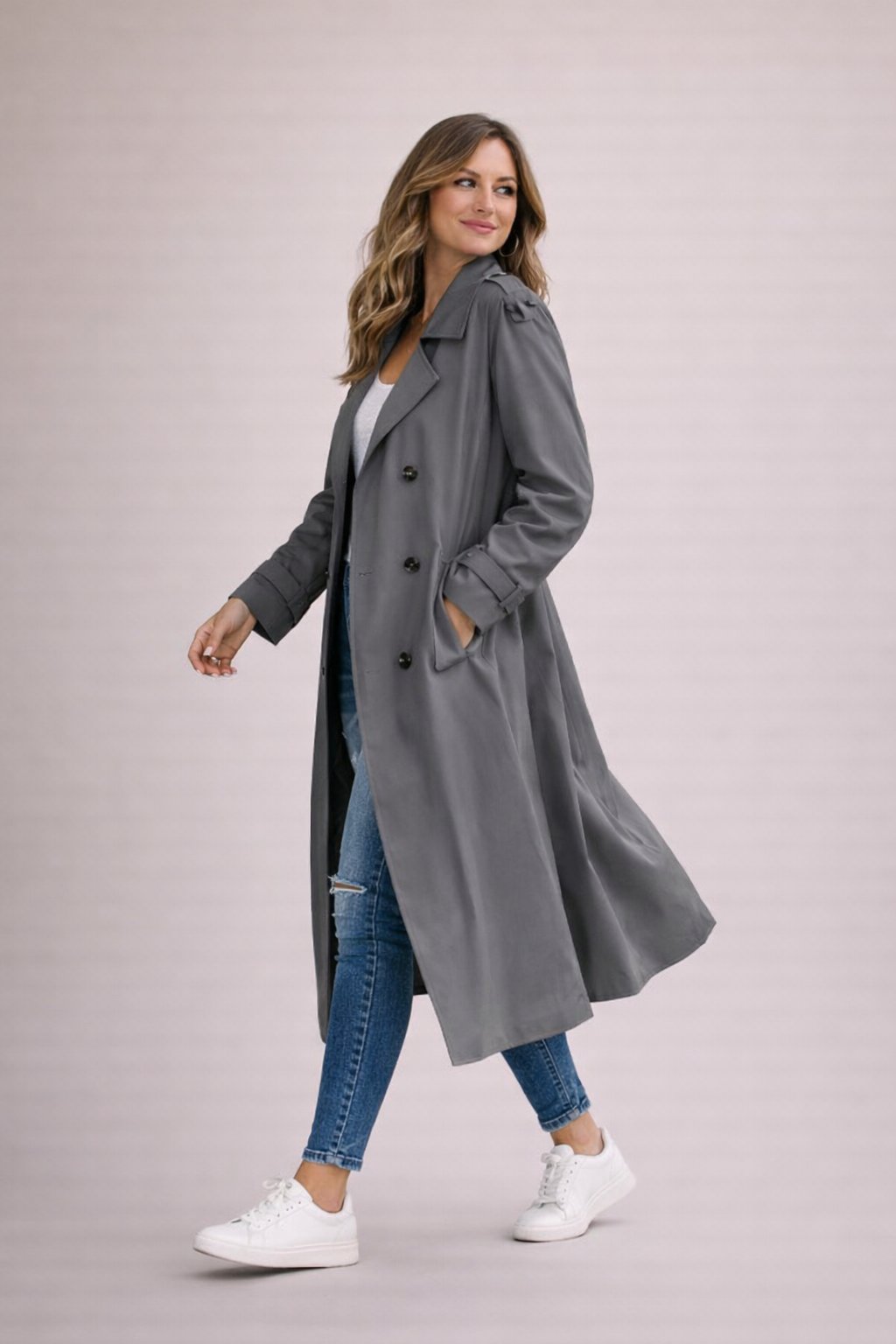 Klaudia | Elegancki Trencz z Paskiem