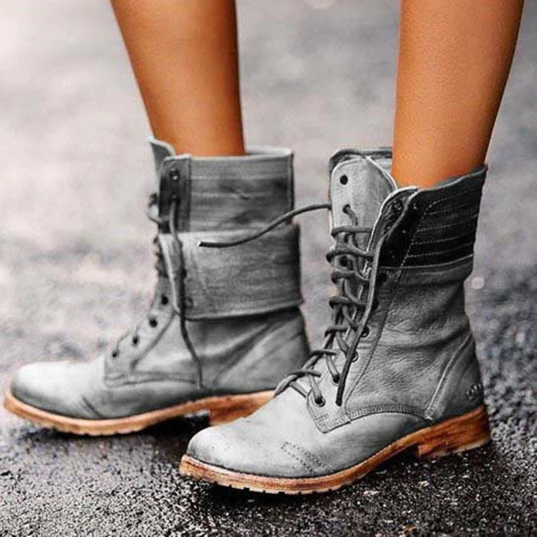 Weronika | Skórzane Botki Sznurowane Vintage