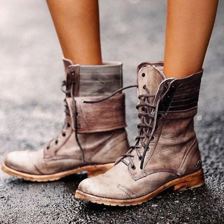 Weronika | Skórzane Botki Sznurowane Vintage