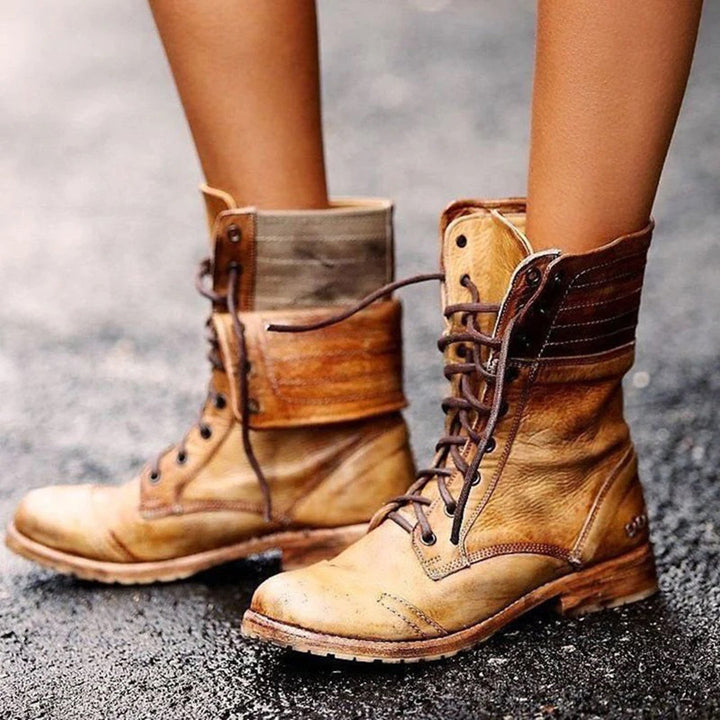 Weronika | Skórzane Botki Sznurowane Vintage